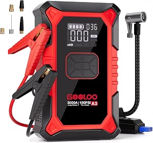 GOOLOO A3 Jump Starter with Air Compressor, 3000A Portable Car Battery Booster (9.0 Gas/6.