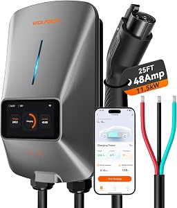 WOLFBOX Level 2 EV Charger 48 Amp - Smart Display, RFID Card, 25ft Cable, Outdoor/Indoor, 